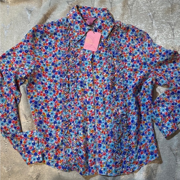 Jou Jou  Floral Blouse - Blue and Red 100 % silk nwt - Picture 2 of 3